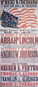 エイブラハム・リンカーン（1809-65）が大統領に、アンドリュー・ジョンソン（1808-75）が副大統領に選ばれた選挙キャンペーンのポスター 作： American School