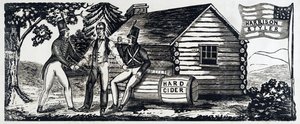 1840年に行われたハリソンとタイラーの大統領選挙キャンペーンのエンブレム、pub.1840年（木版）。 作： American School