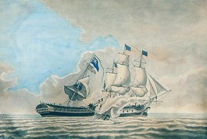 アメリカのフリゲート艦コンストンドとH.M.S.ゲリエールの交戦（水彩、ガッシュ、インク、紙 作： American School