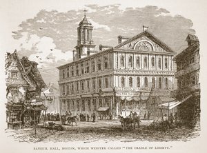 本のパブからウェブスターが自由のゆりかごのクレードルと呼んだボストンのファニエルホール。 1896 作： American School