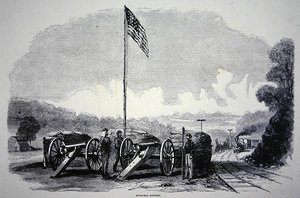 アメリカ南北戦争(1861-65)で鉄道を守るための連邦砂嚢砲台(リトグラフ) 作： American School