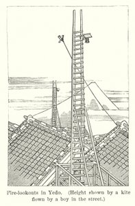 江戸の火の見櫓、道行く少年の揚げる凧で高さを示す（版画 作： American School