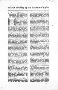ボストン港の封鎖に関する法律の概要を示す広報の最初のページ、1774（新聞）