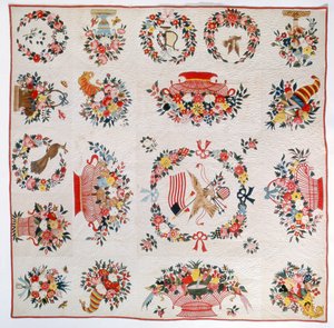旗と花の掛け布団、1860年頃（綿） 作： American School
