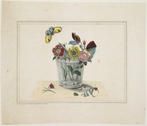 グラスに咲く花と蝶（手彩色のリソ） 作： American School