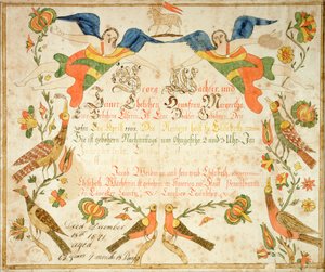 エリザベス・ワクテル（1808-71）の出生証明書と洗礼証明書のフラクタール 1808年 （紙にインクと水彩画） 作： アメリカの学校