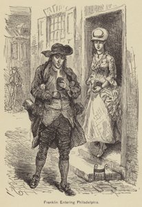 フィラデルフィアに入るフランクリン（彫刻 作： American School