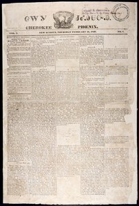 1828年2月21日、チェロキーフェニックスのフロントページ（印刷） 作： American School