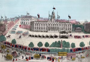 エイブラハム・リンカーンの葬列、1865年4月25日、ニューヨークにて、パブ。1865年（手彩色彫刻）。 作： American School