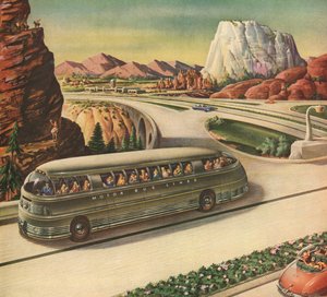 アメリカ南西部の高速道路を走行する未来型旅客バス 作： American School