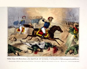 1847年2月23日、ブエナビスタの戦いにおけるケンタッキー軍の勇敢な突撃。1847年2月23日、ブエナビスタの戦いにおけるケンタッキー軍の雄姿とメキシコ軍の完勝。1847年（手彩色リトグラフ） 作： アメリカの学校