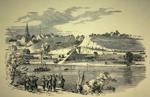 1862年、ジャクソン将軍(1824-63)率いる南軍を攻撃するためにメリーランド州ウィリアムスポートからポトマックを再横断するバンク将軍(1816-94)の北軍師団(リトグラフ) 作： American School