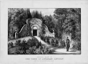 イリノイ州スプリングフィールドのオークリッジ墓地のエイブラハムリンカーンの墓にいるグラント将軍。 Currier＆Ives、1868 作： American School