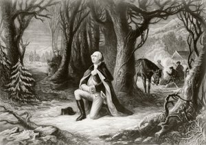 ジョージワシントンは、1777年から78年の冬の間、ヘンリーブリュックナーによる絵画の後、バレーフォージのアメリカ独立戦争の野営地で祈ります 作： American School