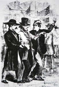 1864年の選挙で有権者に酒を飲ませて投票に影響を与えようとした（彫刻） 作： American School