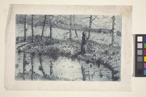 Girl By Pond (gravura e tom da placa impressos em azul) 作： American School