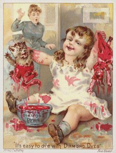 猫と人形を赤い染料に浸す少女 作： American School