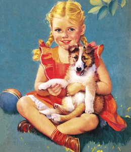 コリーの子犬を抱く少女 作： アメリカの学校
