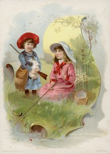 白いウサギ、女の子釣りを保持している女の子 作： American School