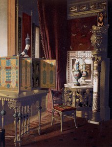 グレートホール、ニューヨークのヴァン・デル・ビルト・ホテル、ベッドルーム、1840年頃、カラーエングレーヴィング 作： American School