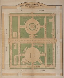 1864年6月、ローガン・スクエアの中央衛生博覧会の建物の平面図（カラーリトグラフ）
