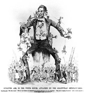 1861年3月15日、フランクレスリーバジェットオブファンのリリプティアンオフィスシーカーに襲われたホワイトハウスのガリバーエイブ 作： American School