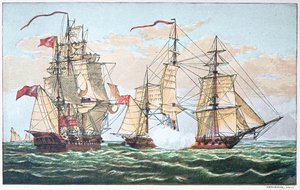 1812年戦争中の1813年、HMSシャノン号とアメリカのチェサピーク号の戦い（カラーリトグラフ