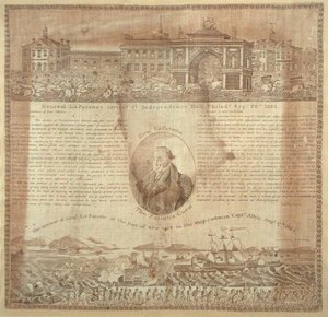 1824年にラファイエット将軍（1757-1834）が到着したことを記念するハンカチ（綿） 作： American School