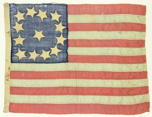 13個の星が付いた手縫いの旗、c.1830-80（羊毛と綿） 作： American School