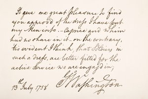 ジョージワシントンの手書きおよび署名、1758年 作： American School