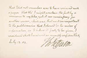 トーマスジェファーソンの手書きおよび署名、1803 作： American School