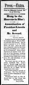 1865年4月15日、プレスエクストラからのエイブラハムリンカーン（1809-65）の暗殺とウィリアムスワード（1801-72）の暗殺未遂を告げる見出し（印刷） 作： American School