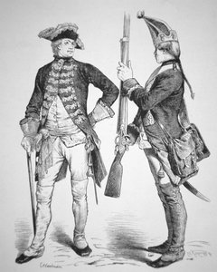 1770年、アメリカ独立戦争時の軍服を着たヘッセン兵（エングレービング 作： American School