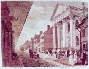 1799年にフィラデルフィアにある最初の長老派教会のある大通り 作： American School