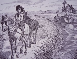 エリー運河のトウパスで運河のボートを引く馬たち（エングレービング 作： American School