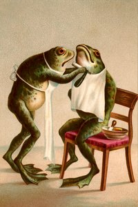 髭を剃るカエルのユーモラスなイラスト 作： アメリカの学校