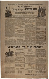 ユニオンの男女を含む退役軍人のハンコック少将第一軍団のフィラデルフィア募集ポスターのイラスト入り、1865年2月 作： American School