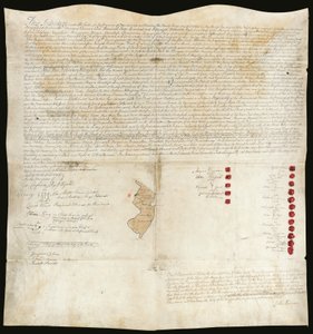 インディアン条約、イーストン会議、ペンシルバニア、1758年10月23日（羊皮紙にペン＆インク、蝋引き） 作： American School