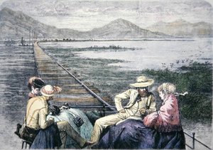 パシフィック鉄道の検査車、1870年頃（色付きの彫刻）