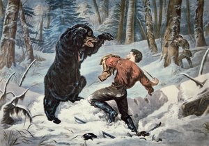 グリズリーに襲われるジェデダイア・スミス（1799-1831）、1861年頃（カラーリトグラフ 作： American School