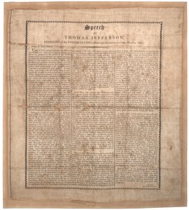 ジェファーソンズ、最初の就任演説、ボルチモアのペチンによって印刷、1801年3月4日（シルクのリソ） 作： American School