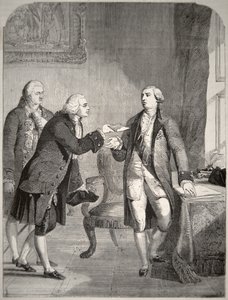 ジョージ3世（1738-1820）に信任状を提出する第一次アメリカ大使ジョン・アダムス（1735-1826）（リトグラフ 作： American School