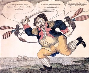 ジョンブルはワスプとホーネットによって苦しみに刺されました、1813年頃 作： American School
