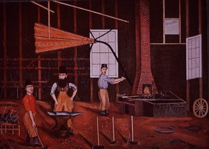 ドイツ系アメリカ人のワゴンメーカー、ジョン・モーラー・スタッドベーカー（中央）の作業場、1858年頃（カラーリトグラフ 作： American School