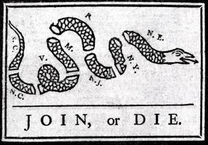 Join or Die」は、1754年にベンジャミン・フランクリンが発行した「Pennsylvania」誌に掲載された最初の政治漫画とされている絵です。この絵は、いくつかのセクションに分かれた蛇を表しており、「Join or Die」という伝説が書かれています。これは、13人のアメリカ人への訴えである。 作： American School