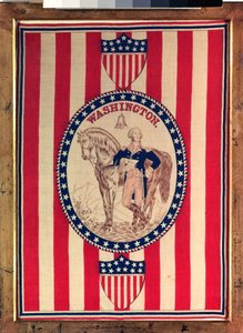 ジョージワシントンの乗馬の全身像を描いたハンカチ、1876年頃（綿）