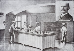 1890年代のホワイトハウスのキッチン。ヒューゴジーマンの肖像画が挿入されています。 作： American School