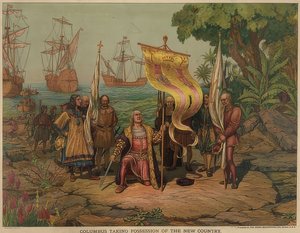 コロンバスは1492年10月12日にサンサルバドル島に上陸します。 1893 作： American School