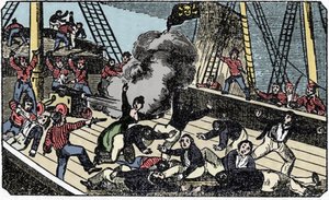 La mortal du pirate gentilhomme Jean Lafitte (1780-1826) "The pirate own book" 1837年のエングレーヴィング。 作： American School