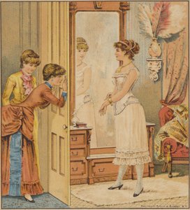 下着を身に着けている鏡で反射を眺める女性 作： American School